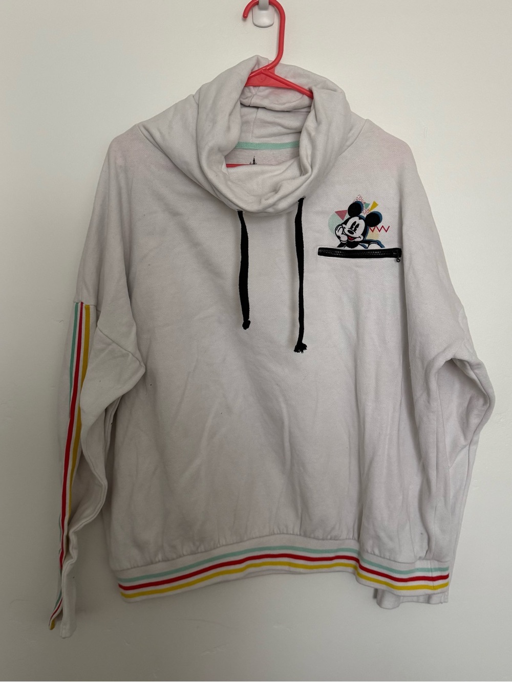Disney White Mickey Mouse Pullover Hoodie with Rainbow Trim